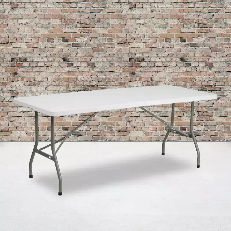 Emma and Oliver 6-Foot Bi-Fold Granite White Plastic Folding Table with Carrying Handle