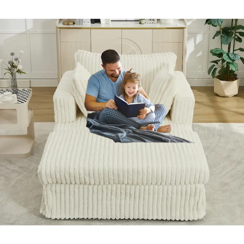 Modern 47.8 Upholstered Oversized Chaise Longue Chair with Ottoman and Pillows