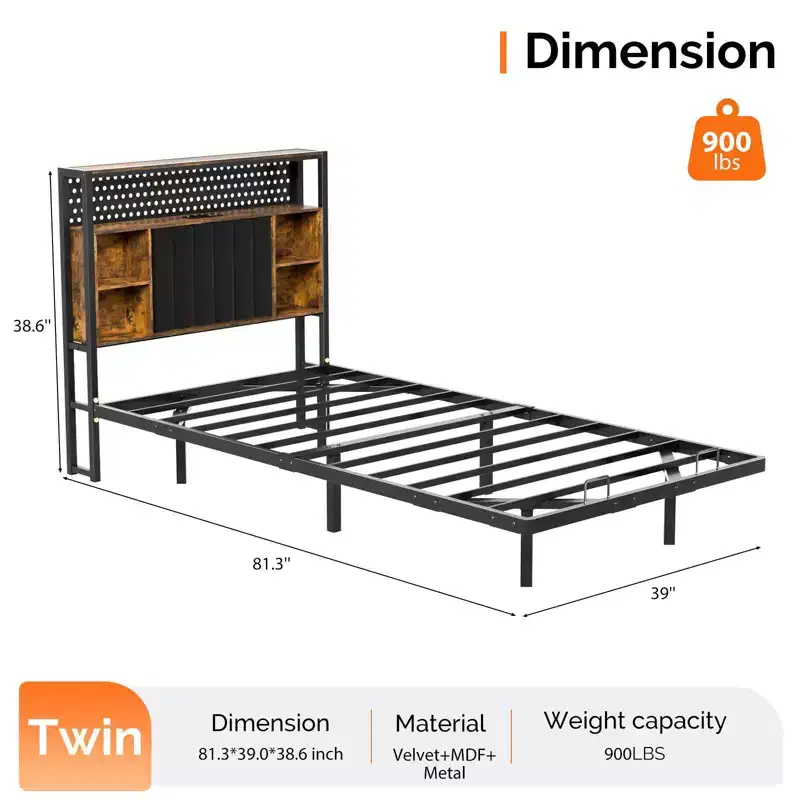 Karl Home Floating Bed Frame Twin Size with Storage Headboard, Metal Platform Bed with LED and Charging Station for Bedroom, Black