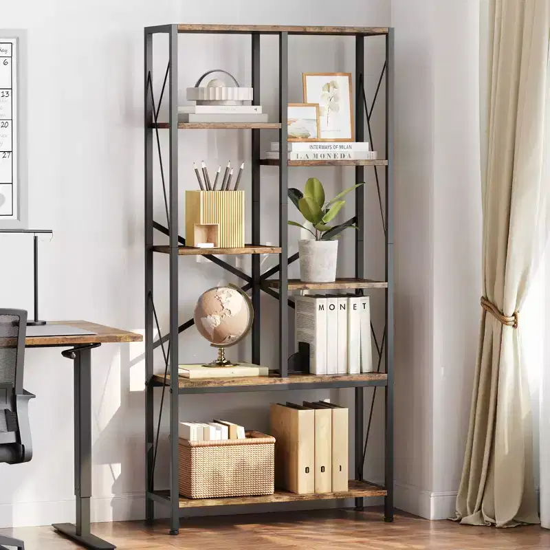 31.49 inches Split Level 5-Tier Vintage Storage Bookcase, Rustic Farmhouse Book Shelves, Large Capacity Display Rack, Metal Frame, for Bedroom