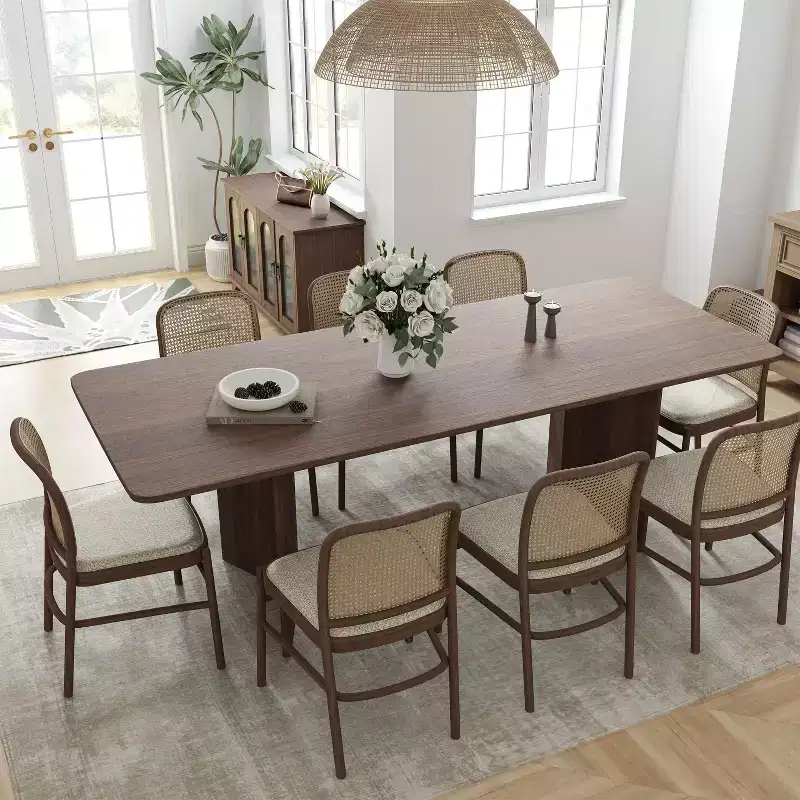 79 Farmhouse Large Rectangle Brown Dining Table for 6-8 People with V-Shaped Legs for Dining Room and Living Room