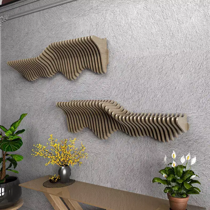 HomeStock Parametric 40 inch Floating Shelf TV Unit Modern Geometric Wooden Wall Piece Decor Natural Oak Color 3D Wavy Living and Gaming Room Shelf