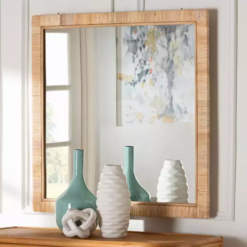 Bohemian Natural Rattan Square Accent Wall Mirror