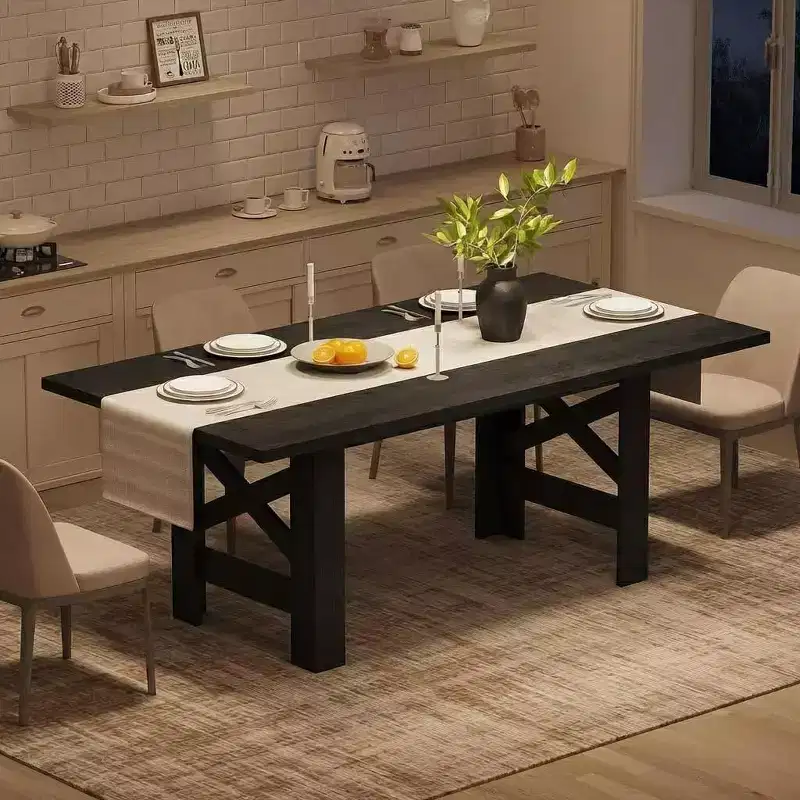 LinTime Spacious 71'' Farmhouse Dining Table for 6-8 - Sturdy Wood Rectangular Table - Thick Top & Sturdy Triangular Legs - for Kitchen