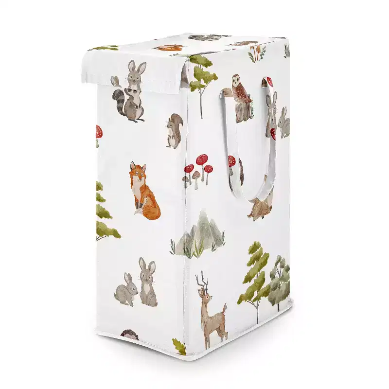 Boy, Girl, Unisex/Gender Neutral Foldable Laundry Hamper with Handles Watercolor Woodland Forest Animals Green Brown and Red