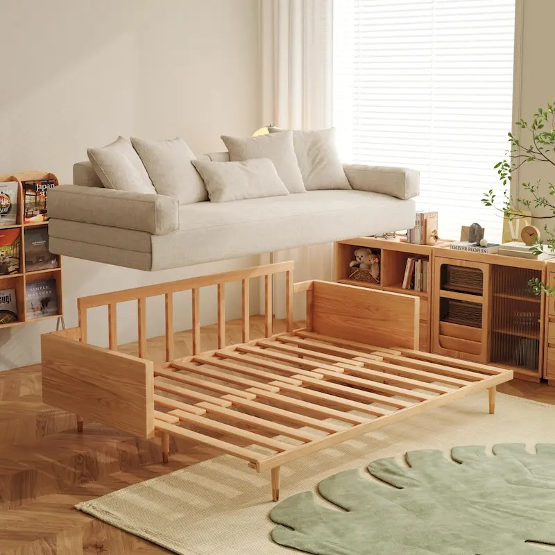 JASIWAY Modern Retractable Solid Wood Sleeper Sofa Bed