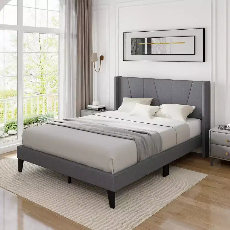 Costway Queen Size Upholstered Bed Frame w/ Elastic Pockets Mattress Foundation Gray
