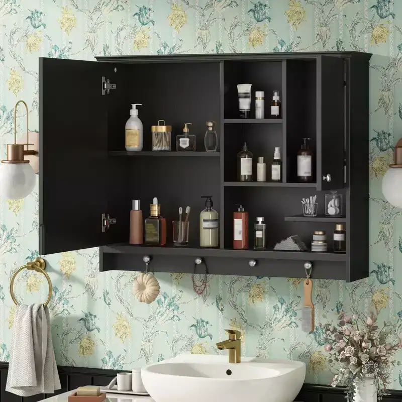 FAMYYT Rectangular MDF Medicine Cabinet with Mirror, 6 Shelves, Towel-hanging Buttons