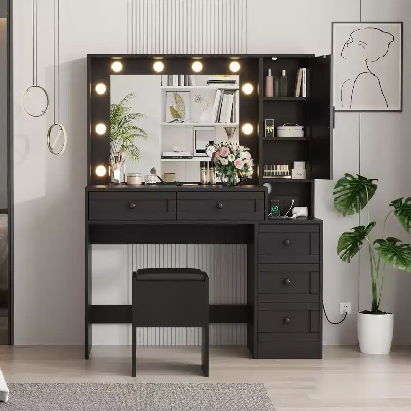 GustoWave Makeup Vanity Desk and Stool, Vanity Desk with Lights & Charging Station, Drawers and Hidden Storage Shelves
