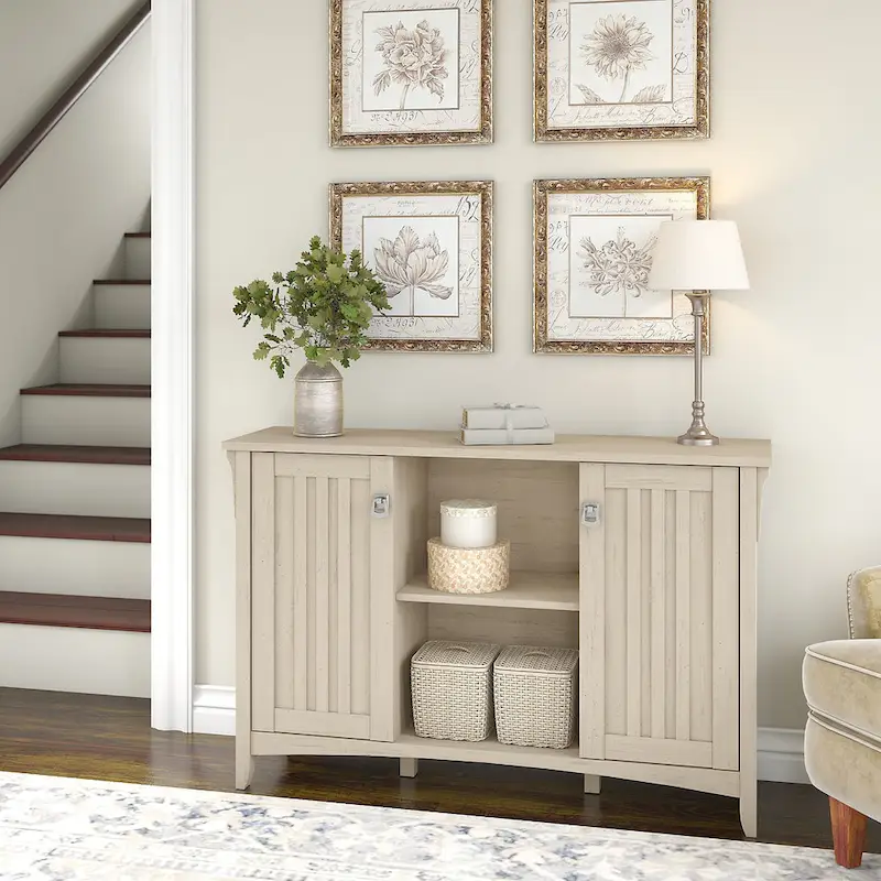 Antique White Storage Cabinet with Doors - 46.22L x 12.76W x 29.96H - 46.22L x 12.76W x 29.96H