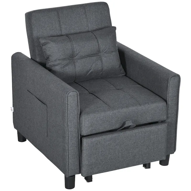 Dark Grey Polyester Single Convertible Sofa Bed with Adjustable Back