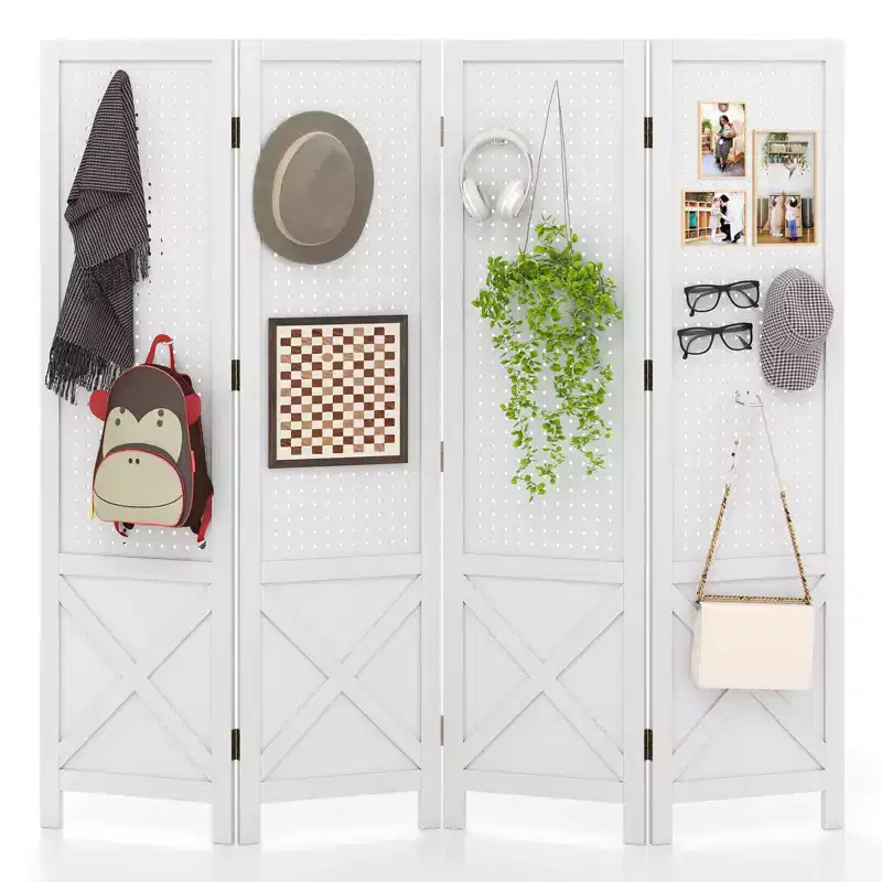 Costway 4-Panel Pegboard Display Stand, 4.7 FT Folding Room Divider, Freestanding Screen White/Natural