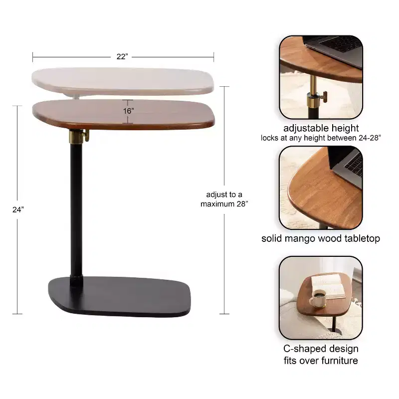 Kate and Laurel Adamas Adjustable C-Table, Walnut Brown and Black, 22x16x28