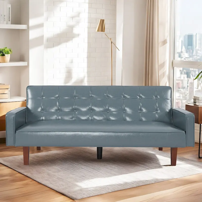 74.4 L Faux Leather Full Handcrafted Button Tufted Sofa 3-Seat, Convertible Sleeper Couch Adjustable Backrest