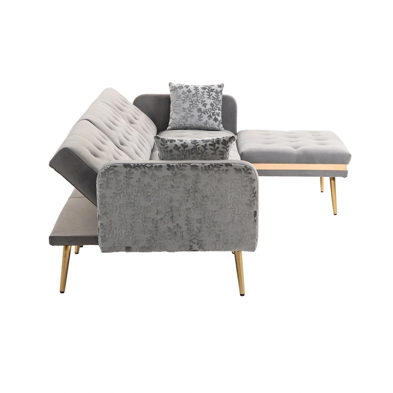 Polyester Upholstered Tufted Sleeper L-Shaped Sectional Sofa With Ottoman