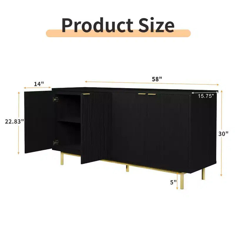 Dyonery 58 inch side panel buffet cabinet with storage space, slotted cabinet with adjustable shelves and 4 doors, Black/Natural wood color