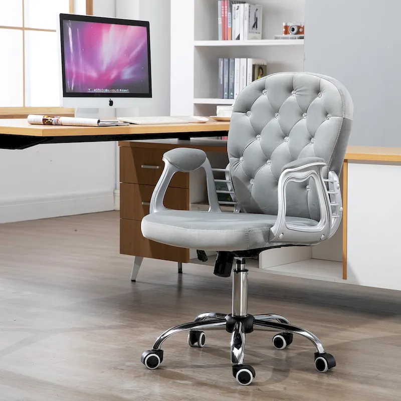 Vanity Middle Back Office Chair Tufted Backrest Swivel Rolling Wheels Task Chair with Height Adjustable Armrests