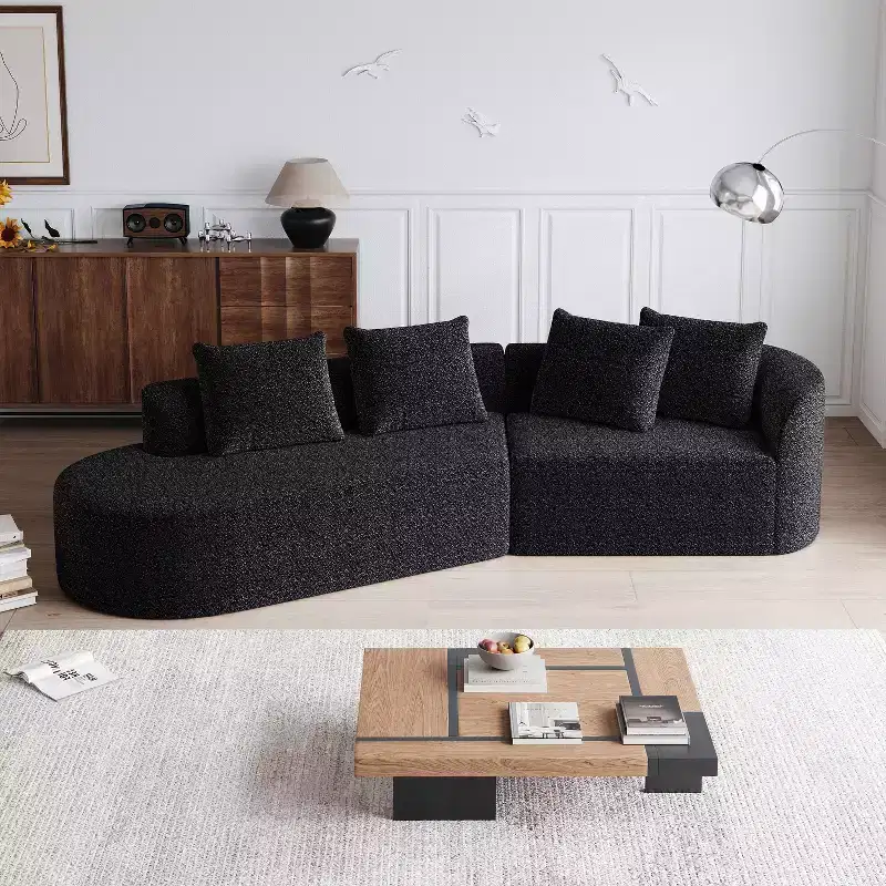 112-Inch khaki Chenille 4-Seater Extra Deep Wide Seat Curved Cloud Couch with 4 Throw Pillows for Living Room