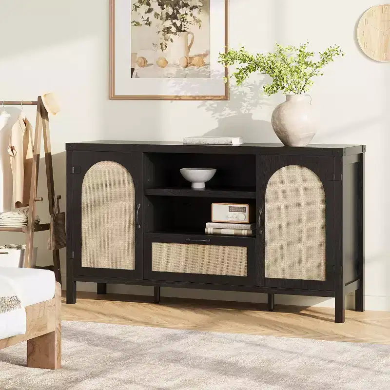 47.2/59.1 Rattan Buffet Cabinet with Storage, Boho Farmhouse Sideboard with Adjustable Shelves, Drawer, Doors, Kitchen Coffee Bar Cabinet