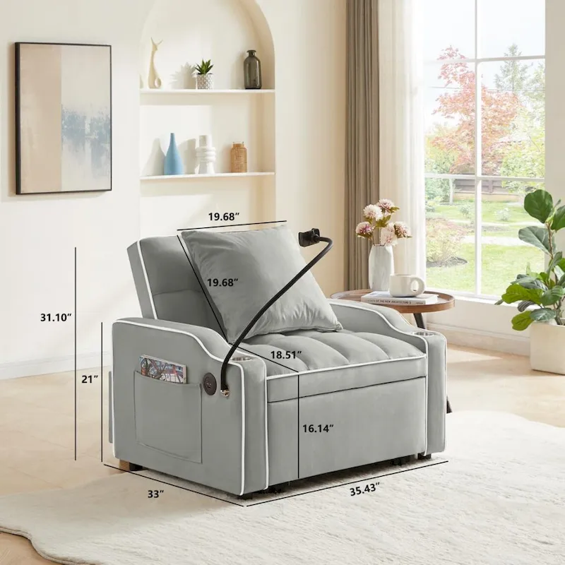 3-in-1 Sofa Bed, Convertible Sleeper Chair Sofa Bed Adjustable Pull Out Sleeper Chair Bed Multi-Pockets Folding Sofa Bed