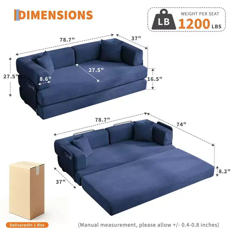 5-in-1 Convertible Sofa Bed – 78.8
