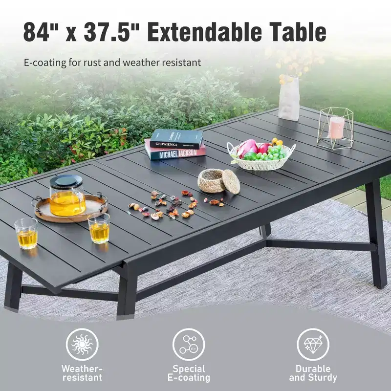 Captiva Designs 9pc Patio Dining Extendable Black Steel Rectangle Table & Textilene Swivel Chairs