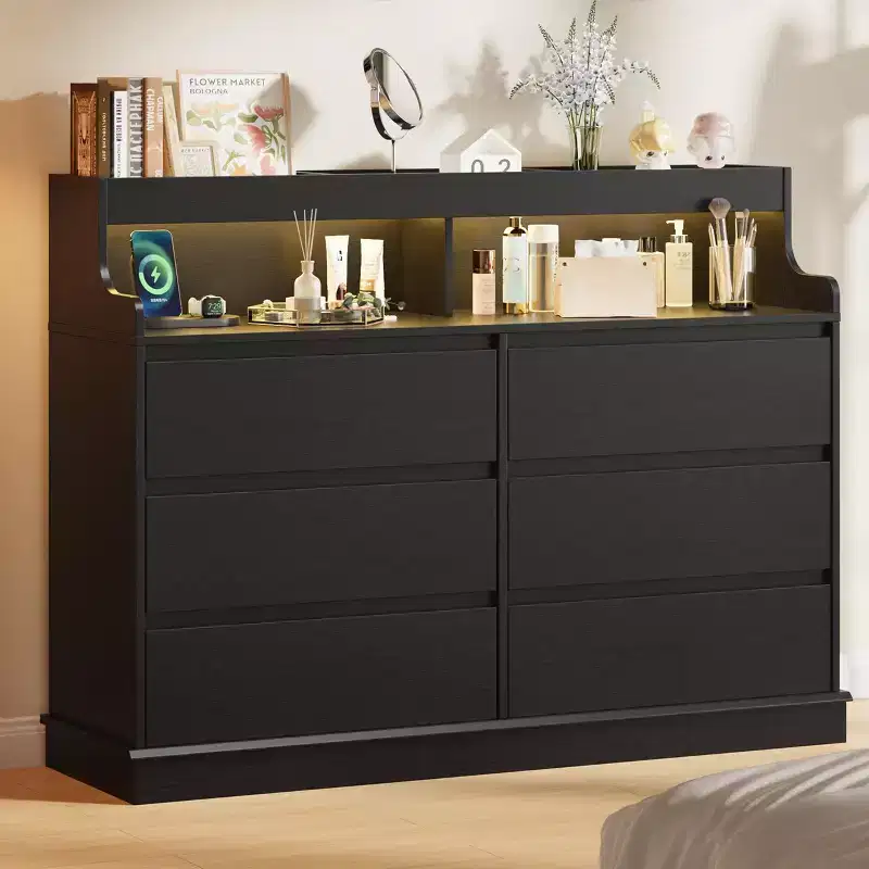 6-Drawer Wide Wooden Dresser, Black/White — Bedroom, Living Room & Closet