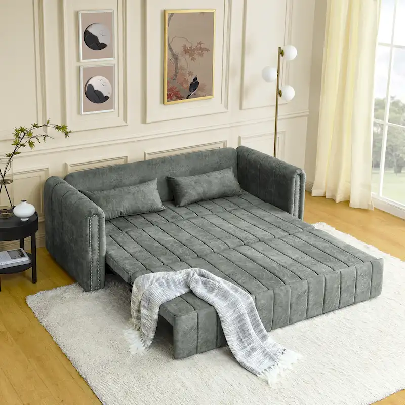 Modern 68 Foam 3 in 1 Pull-Out 3-seaters Bed Sleeper Sofa with Copper Nails and Two Drawers