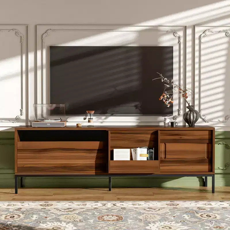 JVNOXK 70.8-inch Mid-Century Modern TV Console with storage space, sliding doors, adjustable shelves, and metal frame. Ideal for living rooms