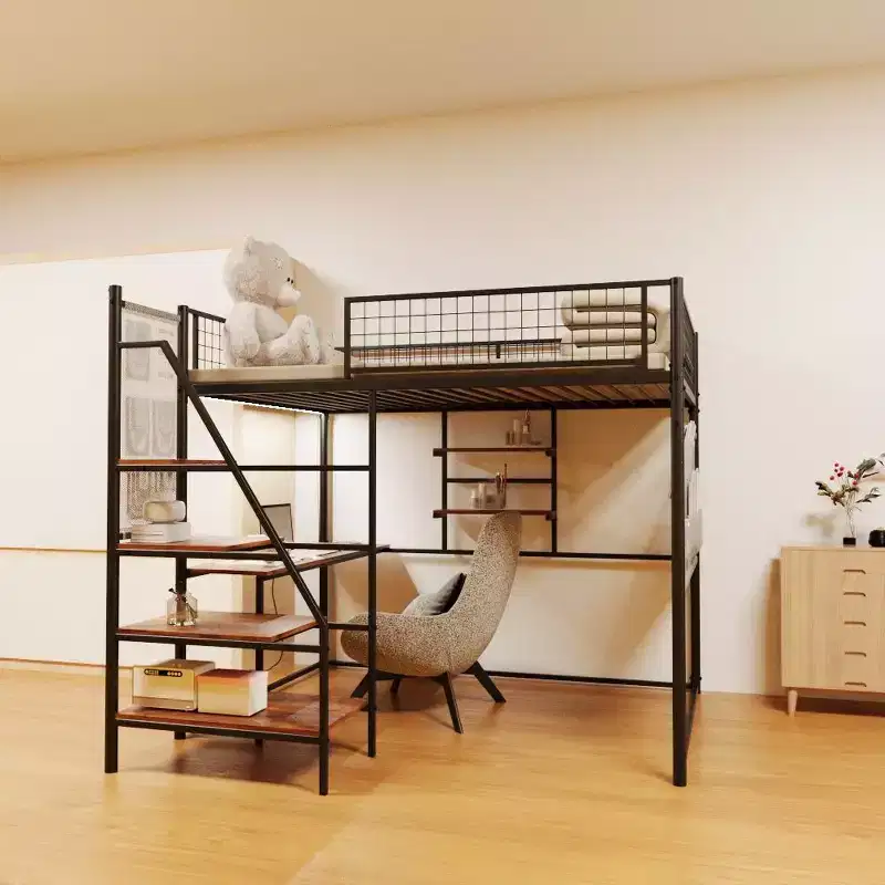 Okak Full Size Loft Bed with Safety Guardrail, Bunk Bed with Desk, Ladders and Storage Shelves, Twin Bed for Kids and Adults