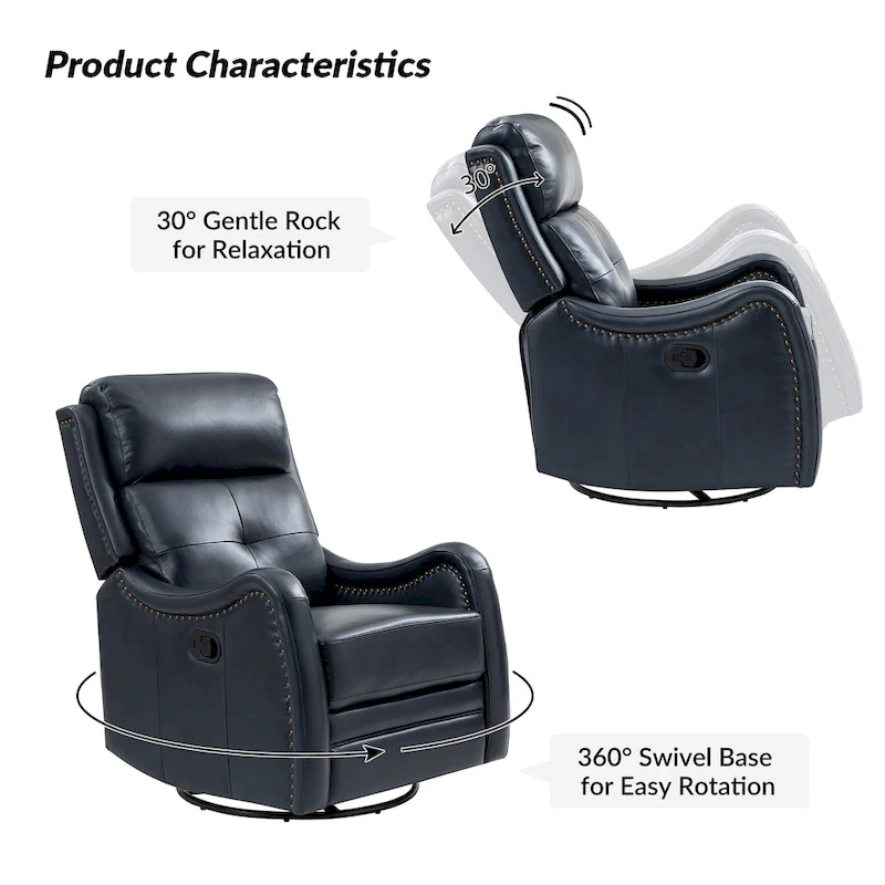 FrancoModern Genuine Leather Swivel Rocker Recliner with Nailhead Trims by HULALA HOME