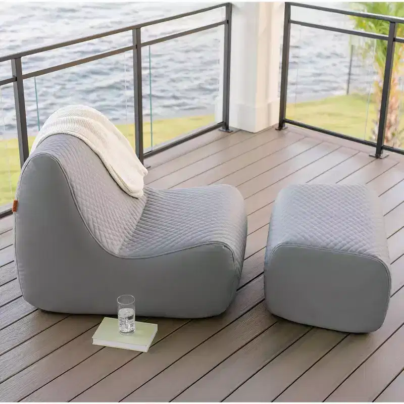 Big Joe Solvana Outdoor Patio Furniture Set, Weather-Resistant Cool Touch Silicone Stitched Leather Chair and Ottoman, 2 Piece Sectional, Moonlit Gray