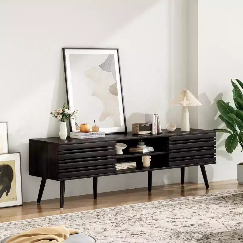 Mid Century Modern TV Stands for up to 70 TV with Storage, Fluted Wood TV Stand for Living Room, Boho Media Console,Dark Walnut