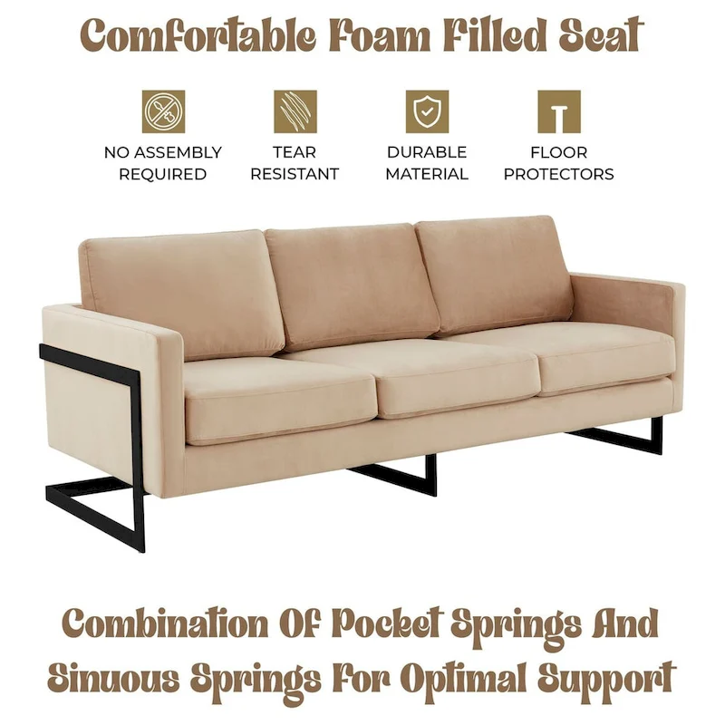 Leisuremod Lincoln 3-Seater Upholstered Velvet Sofa with Black Stainless-Steel Base