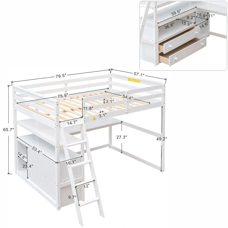 Full Size Loft Bed with Desk and Shelves,Two Built-in Drawers,Gray