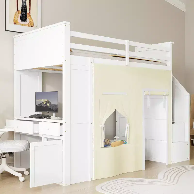 Twin Size Loft Bed with Desk, Storage Staircase, 2 Drawers, Curtain, Pine Wood Bed Frame for Kids & Teens, White - ModernLuxe