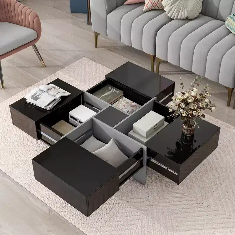 Coffee Table with 4 Hidden Storage Compartments, Square Sliding Top Center Table for Living Room