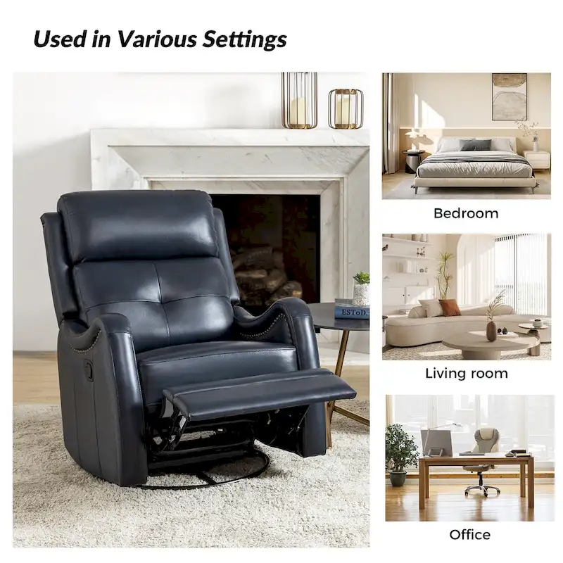 FrancoModern Genuine Leather Swivel Rocker Recliner with Nailhead Trims by HULALA HOME