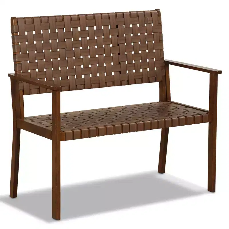 Costway Patio Loveseat All Weather Bench w/Solid Rubber Wood Frame&Hand Woven PU Leather