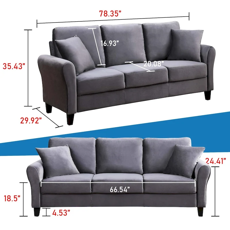 Aukfa Upholstered 3 Seater Sofa Couch with 2 Pillows