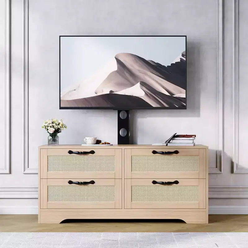 TV Stand Dresser with Drawers and Rattan Doors, Farmhouse Media Cabinet for Living Room Bedroom