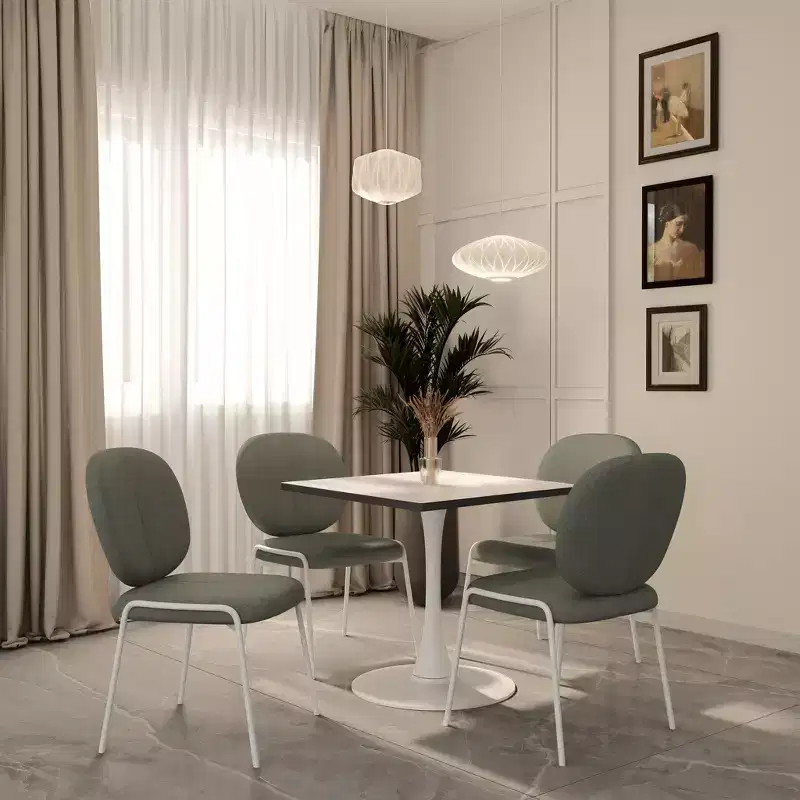 LeisureMod Bristol Square Dining Table with Marbled White MDF Top and White Steel Pedestal Base for Modern Kitchen and Dining Room