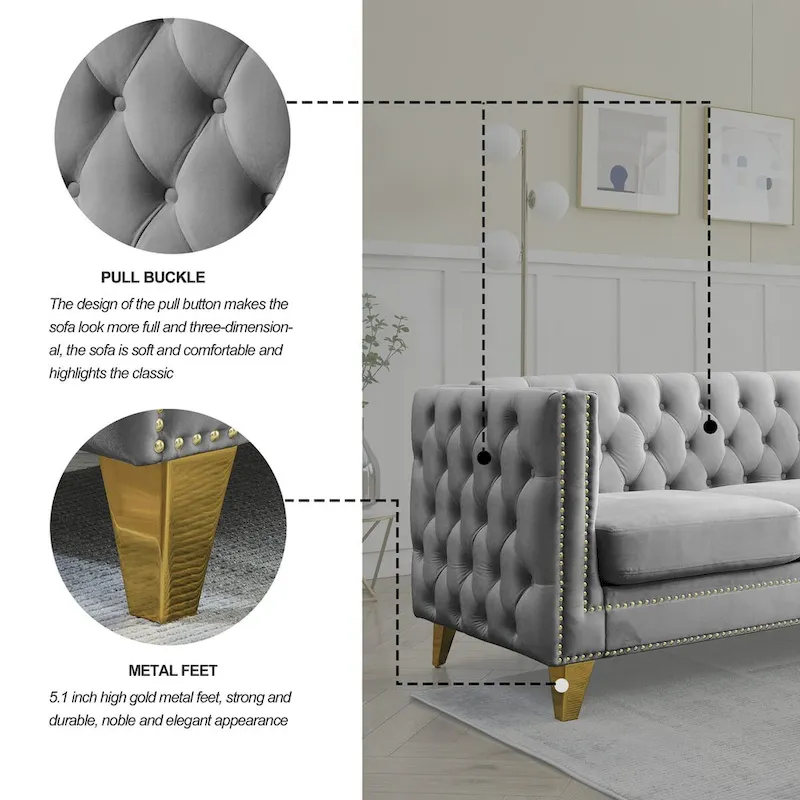 Modern Velvet Sofa Couch Upholstered Button and Metal Legs