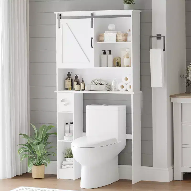COZONY Over the Toilet Storage Cabinet with Sliding Barn Door, Bathroom Organizer Rack with Adjustable Shelf & Toilet Paper Holder for Bathroom