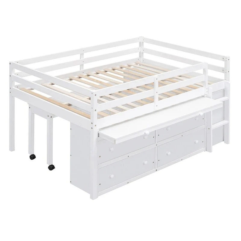 Loft Bed with Retractable Writing Desk and 4 Drawers
