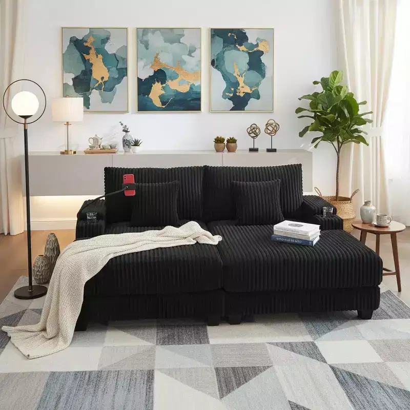 Polibi Chaise Lounge Sofa with Built-In Storage, Cup Holders & Phone Holder