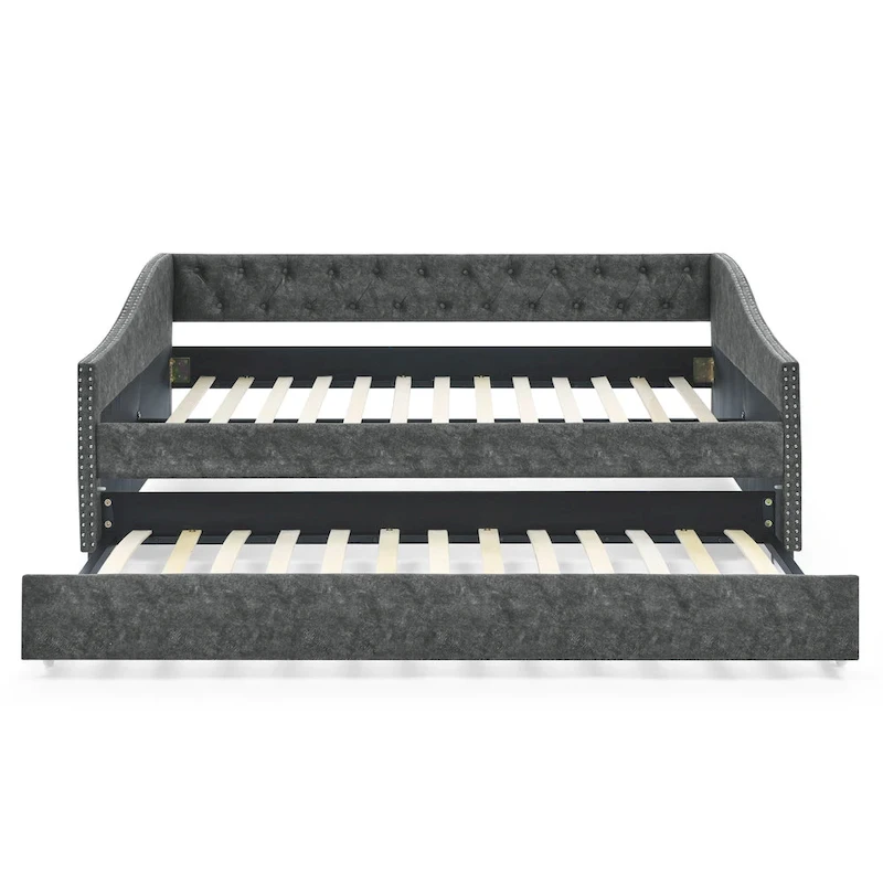 Upholstered Daybed Frame with Trundle & Tufted Backrest