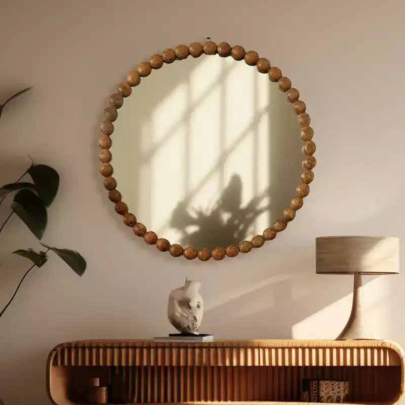 GDFStudio Arabella Modern Wood and Glass Decorative Round Hanging Wall Mirror With Wooden Bead Design