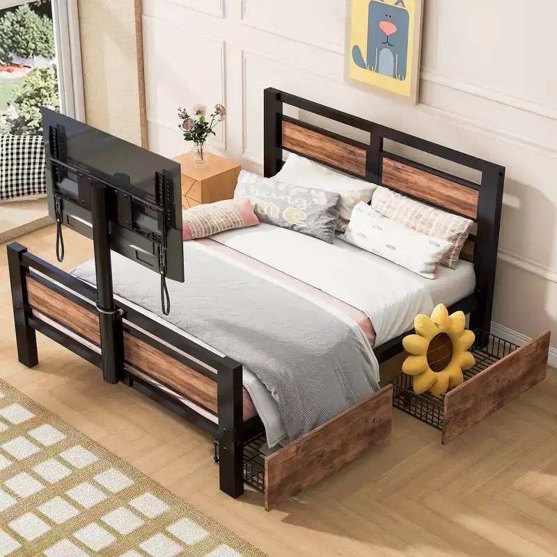 Whisen Metal Twin Size Platform Bed with Headboard, Footboard, Two Drawers and TV Stand - Black