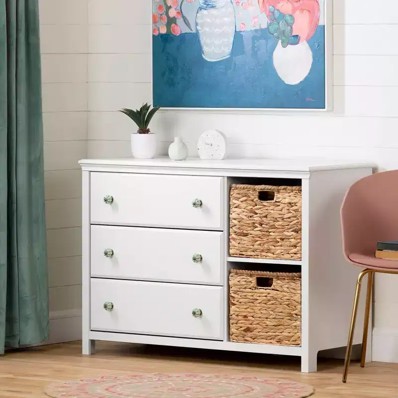Kids' 3-Drawer Dresser with 2 Wicker Baskets and Ceramic Handles – 32.5